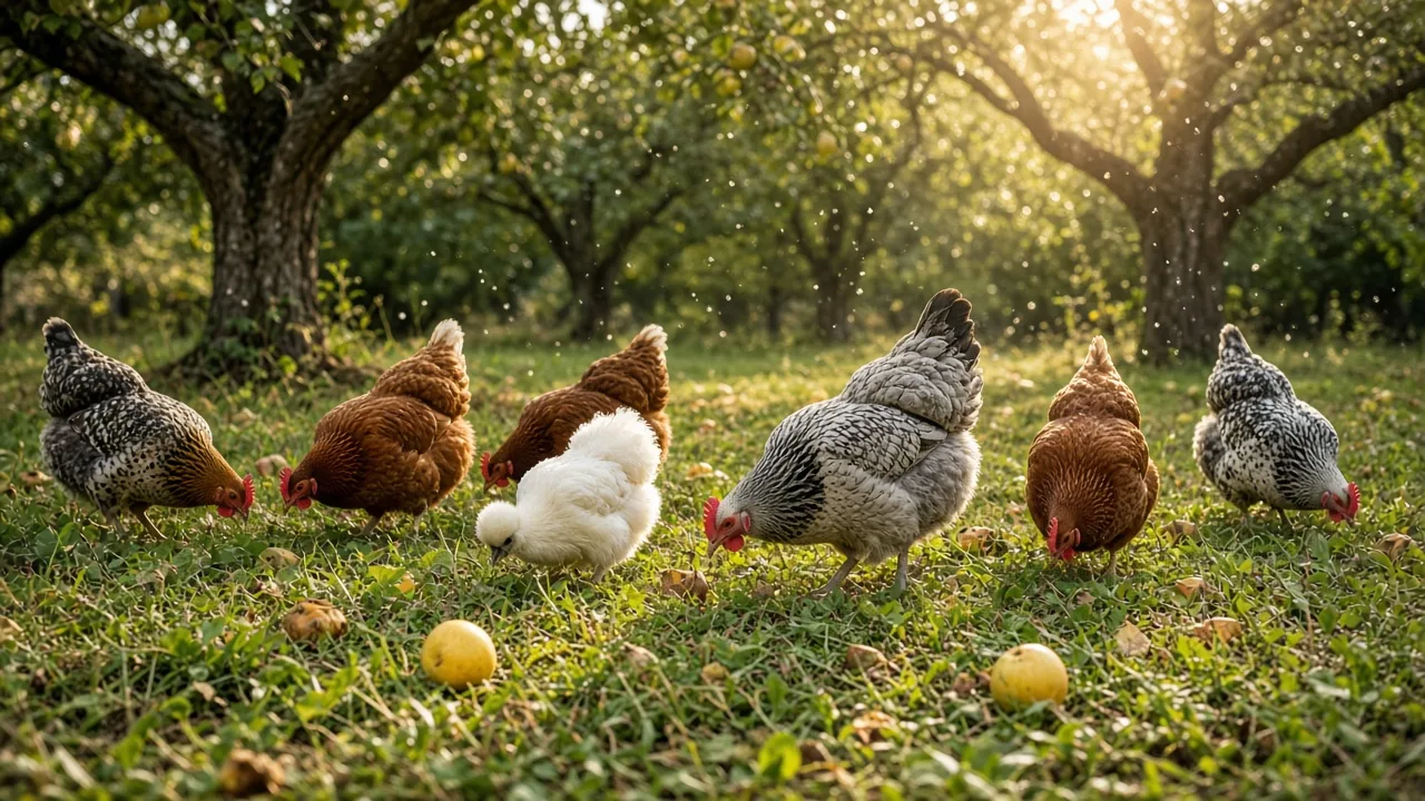 A mixed flock of heritage chickens foraging in dappled sunlight beneath old apple trees.
