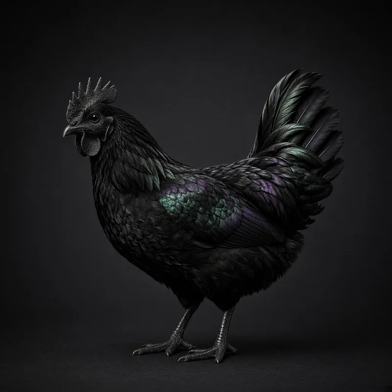 An Ayam Cemani chicken, entirely jet black including comb, skin and legs, with green and purple iridescence on its feathers.