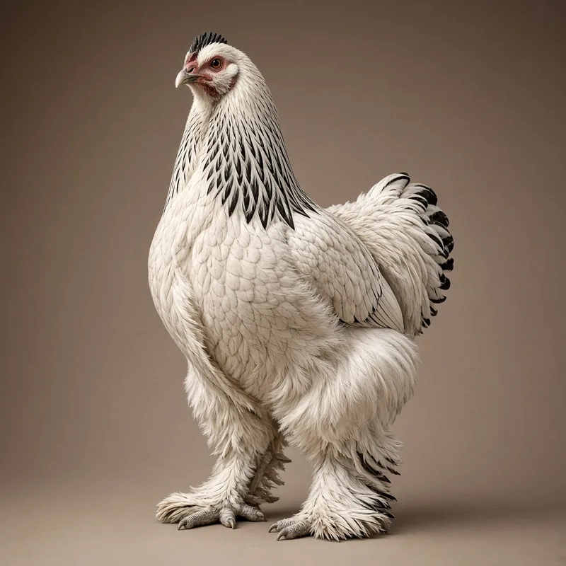 A large light Brahma chicken with creamy white plumage, black lacing on the neck and heavily feathered legs, standing on a taupe backdrop.