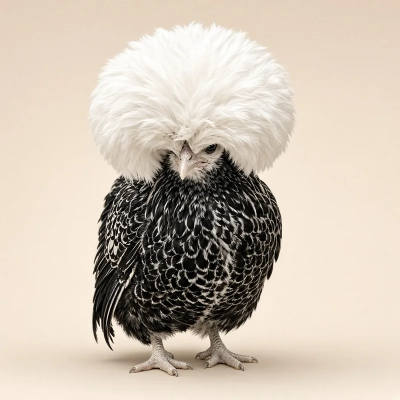 A Polish crested chicken with an enormous spherical white feather crest almost covering its eyes, above a black and white laced body.