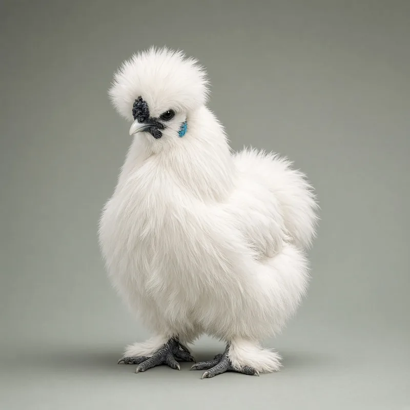 A pure white Silkie chicken with fur-like plumage, a rounded crest and dark blue face, photographed against a sage-grey backdrop.