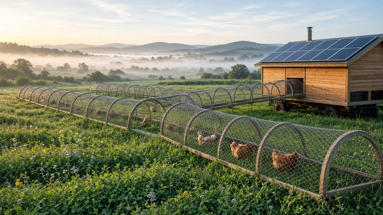 A network of arched wire-mesh chicken tunnels running across a misty green pasture toward a cedar mobile coop with solar panels on its roof.