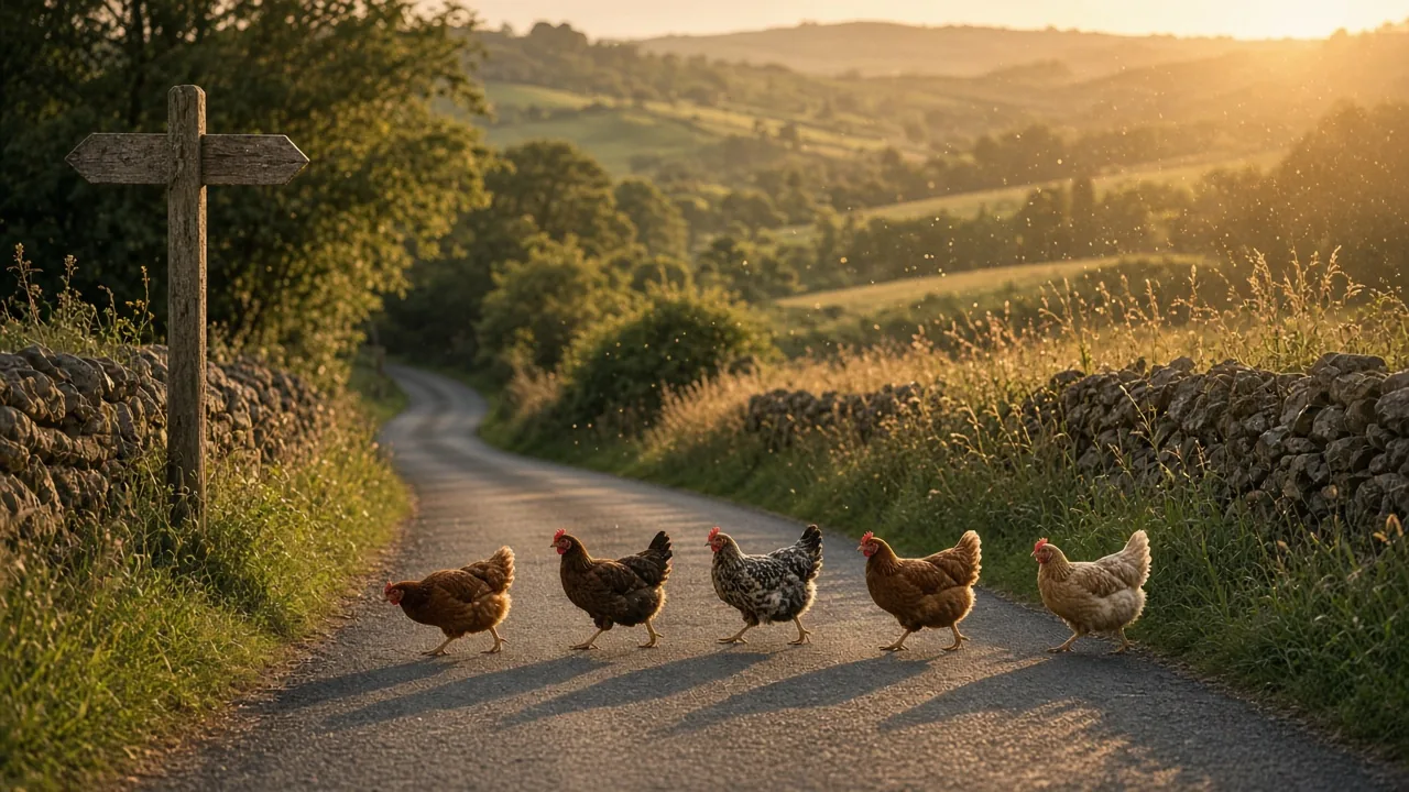 Five hens crossing a narrow country lane in single file at golden hour, framed by dry-stone walls and a wooden signpost.