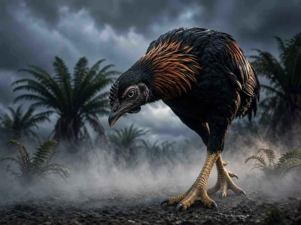 A lean black and copper game fowl rooster striding through mist, its scaled legs and claws giving it a prehistoric, reptilian look.