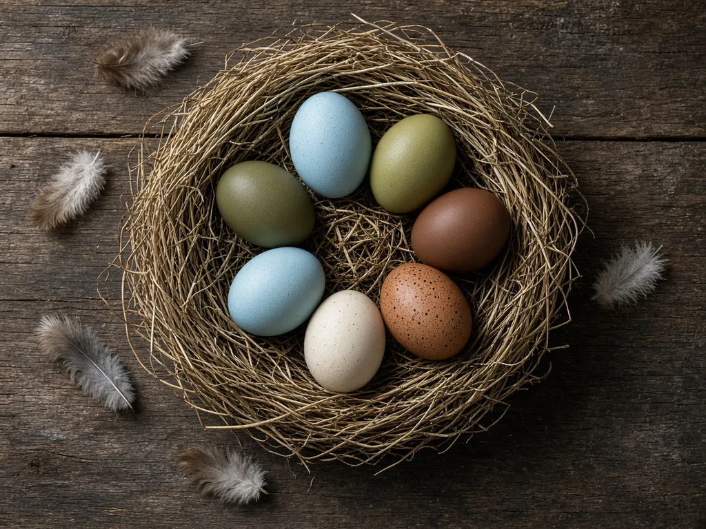 Overhead view of a straw nest holding six naturally coloured eggs in blue, olive, chocolate brown, speckled terracotta and cream.
