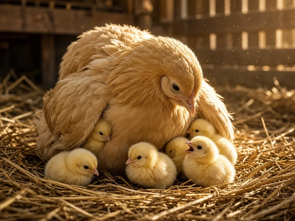 A buff-coloured mother hen sitting in golden straw with five yellow chicks, one peeping up at her with its beak open.