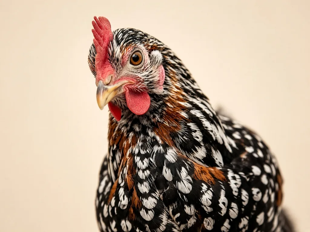 A speckled Sussex hen tilting her head and looking directly at the camera with an alert, curious expression.
