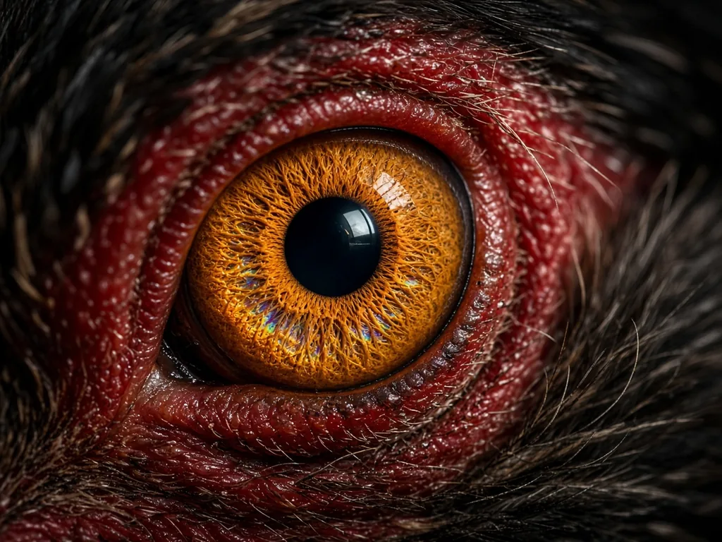 Extreme macro photograph of a hen's amber eye showing the fine radial fibres of the iris and faint prismatic colour on its surface.
